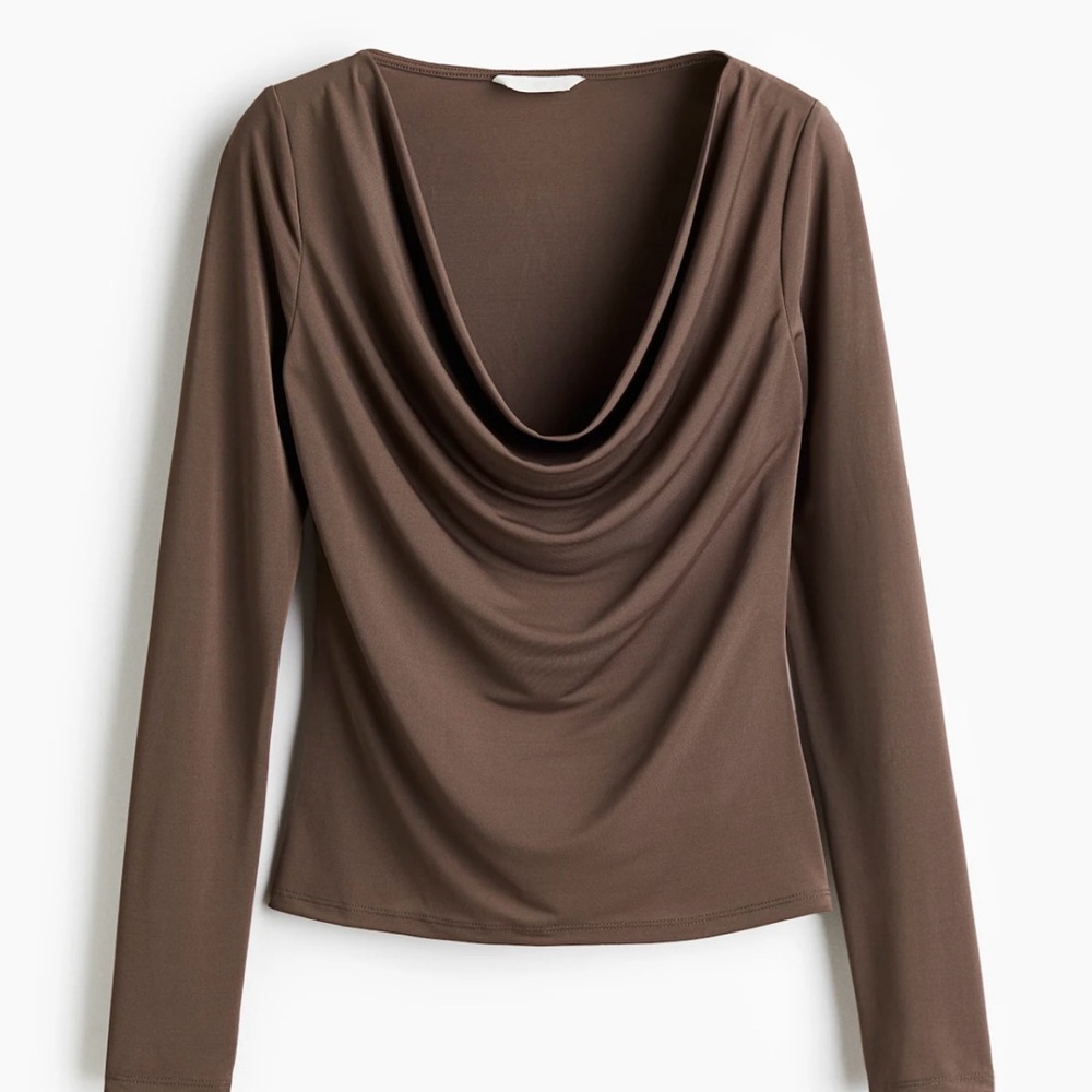 H&M Cowl Neck Brown Draped Long Sleeve Top